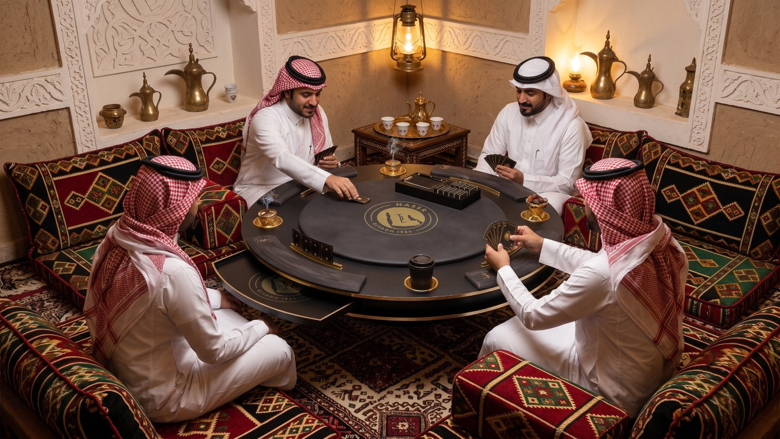 Al Nassr FC Luxury Baloot Table in traditional Saudi majlis — 4 players in thobe seated on cushions playing Baloot with lanterns and Arabic coffee