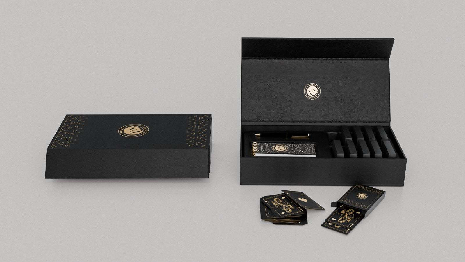 Al Nassr FC Baloot luxury deck open gift box showing multiple card decks and magnetic closure — top view
