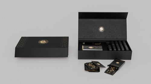 Al Nassr FC Baloot luxury deck open gift box showing multiple card decks and magnetic closure — top view