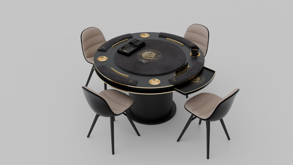 Al Nassr FC Luxury Baloot Table — full overhead view with 4 chairs showing matte black surface and gold Nassr crest