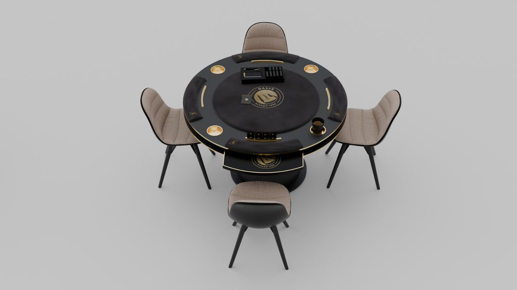 Al Nassr FC Baloot Table — top-down view without chairs showing full round surface, card shuffler, and cup holders
