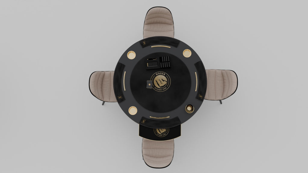 Al Nassr FC Baloot Table — low angle side view showing matte black base and gold accent border