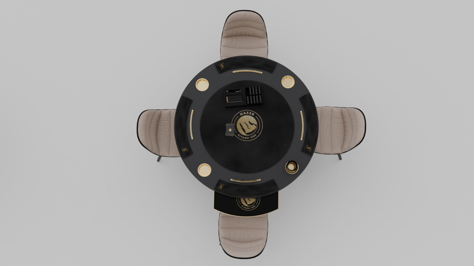 Al Nassr FC Baloot Table — low angle side view showing matte black base and gold accent border