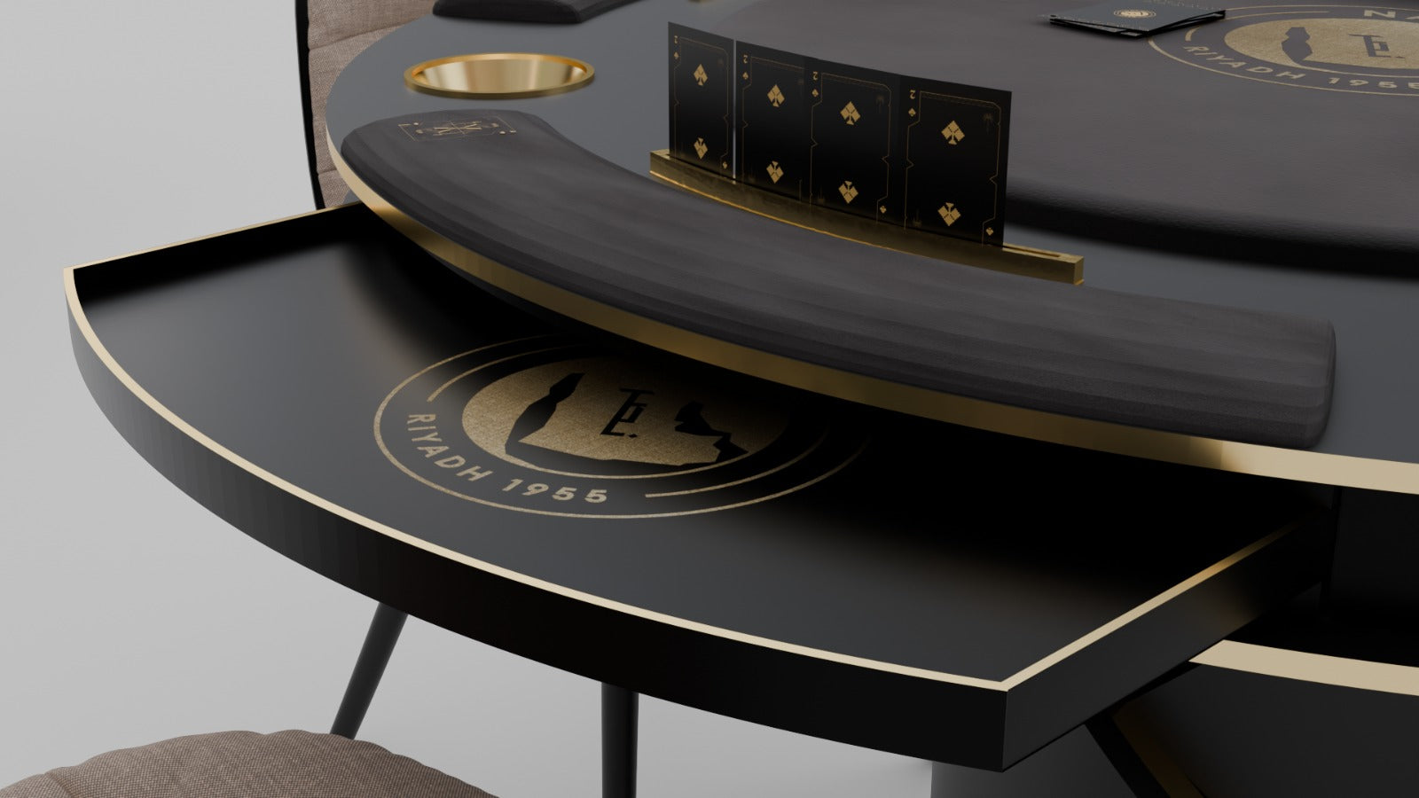 Al Nassr FC Baloot Table — angled top view showing card rails, brass cup holders, and central shuffler