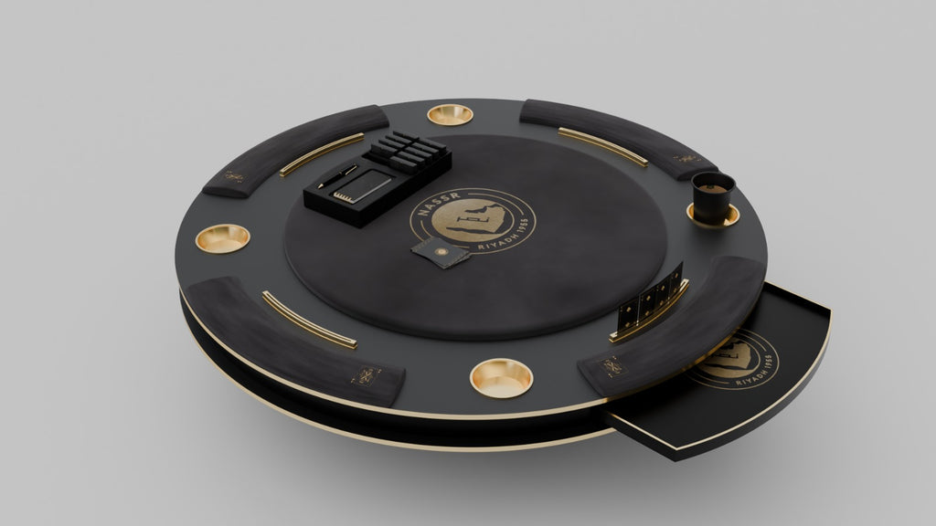Al Nassr FC Baloot Table — low angle 3D render showing full round profile with gold accent ring and pull-out tray extended