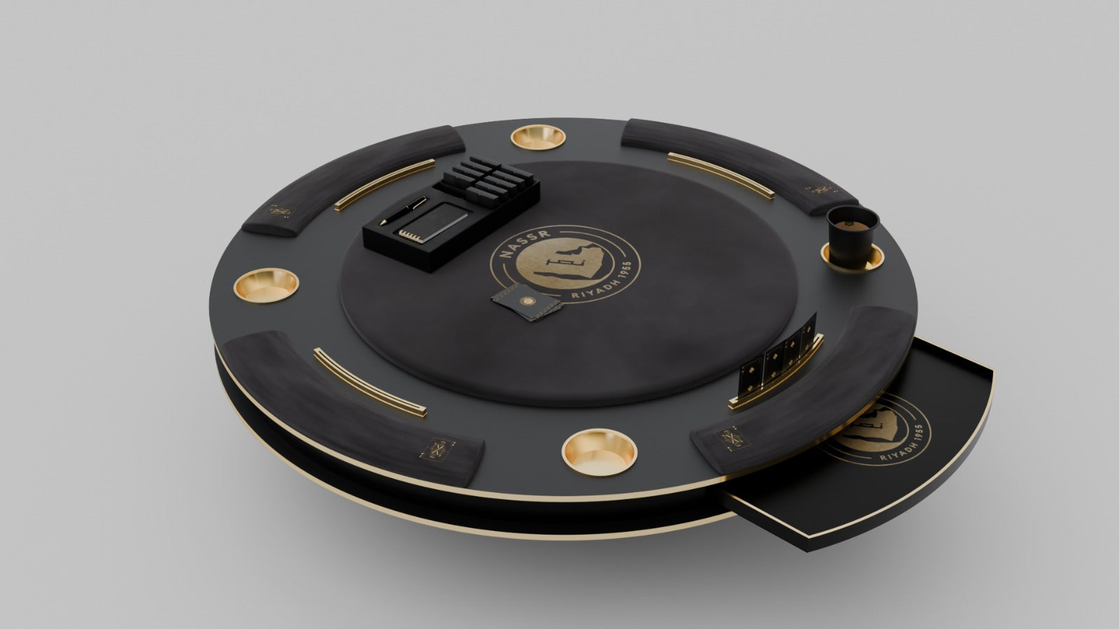 Al Nassr FC Baloot Table — low angle 3D render showing full round profile with gold accent ring and pull-out tray extended