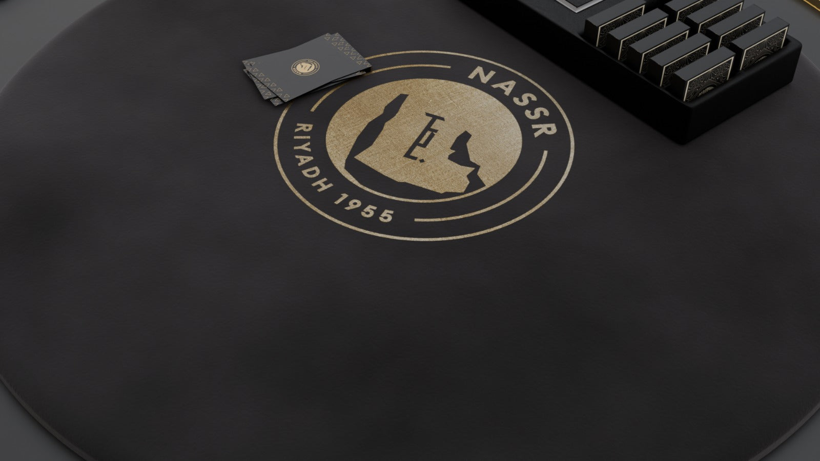 Al Nassr FC Baloot Table — angled 3D render showing pull-out side tray, gold trim border and pedestal base