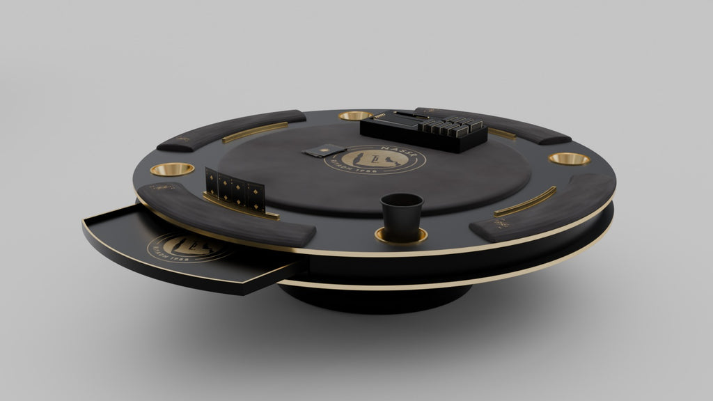 Al Nassr FC Baloot Table — overhead view showing matte black surface, Nassr Riyadh 1955 gold crest, card shuffler and brass cup holders