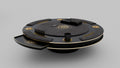 Al Nassr FC Baloot Table — overhead view showing matte black surface, Nassr Riyadh 1955 gold crest, card shuffler and brass cup holders