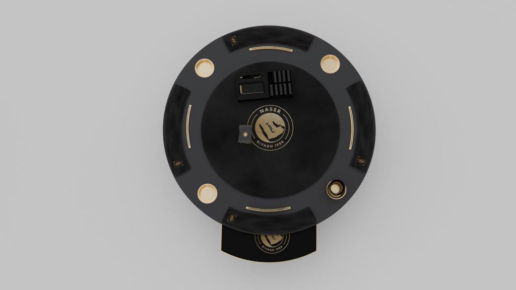 Al Nassr FC Baloot Table — top-down 3D render showing all 4 cup holder positions, card rails, shuffler and Nassr crest