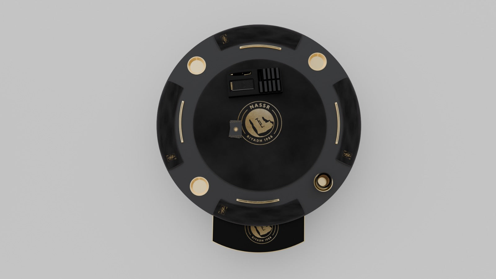Al Nassr FC Baloot Table — top-down 3D render showing all 4 cup holder positions, card rails, shuffler and Nassr crest