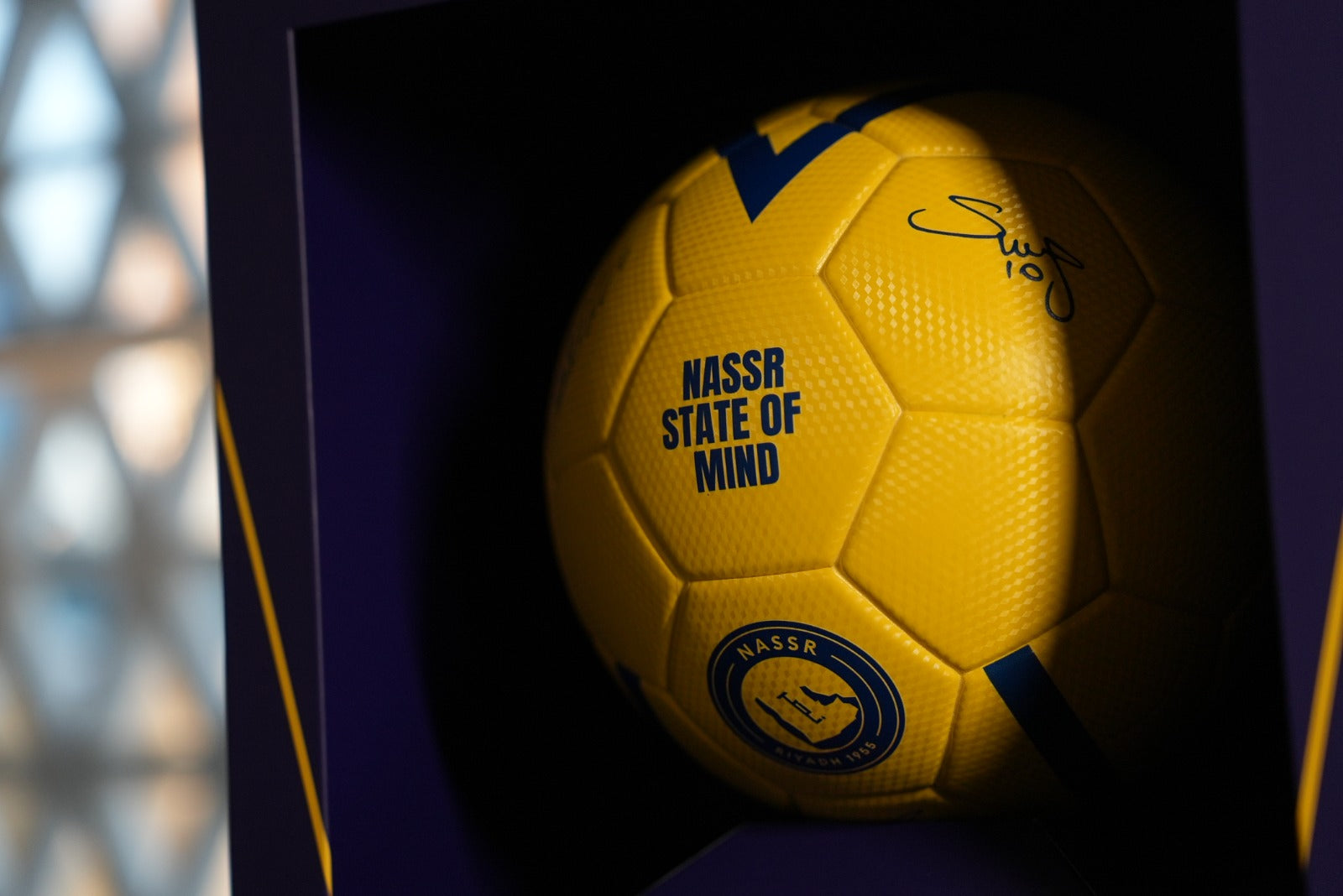 Al Nassr FC Nassr State of Mind golden yellow football with player #10 signature in premium navy gift box
