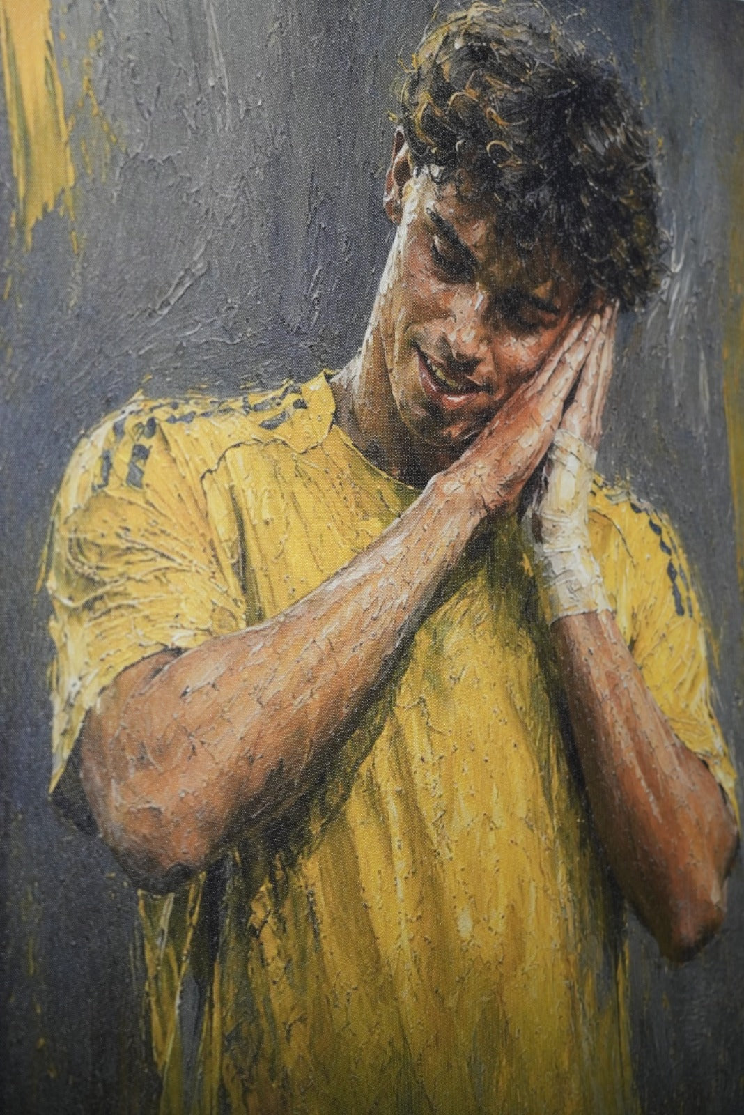Al Nassr FC player oil painting — close-up portrait in golden yellow kit, expressive realism