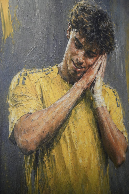 Al Nassr FC player oil painting — close-up portrait in golden yellow kit, expressive realism