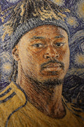 Al Nassr FC hand-embroidered Starry Night artwork — close-up portrait of player in golden kit