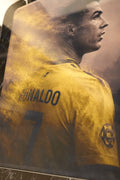Cristiano Ronaldo #7 Al Nassr FC golden kit art print — back view with dramatic golden smoke effect and profile silhouette