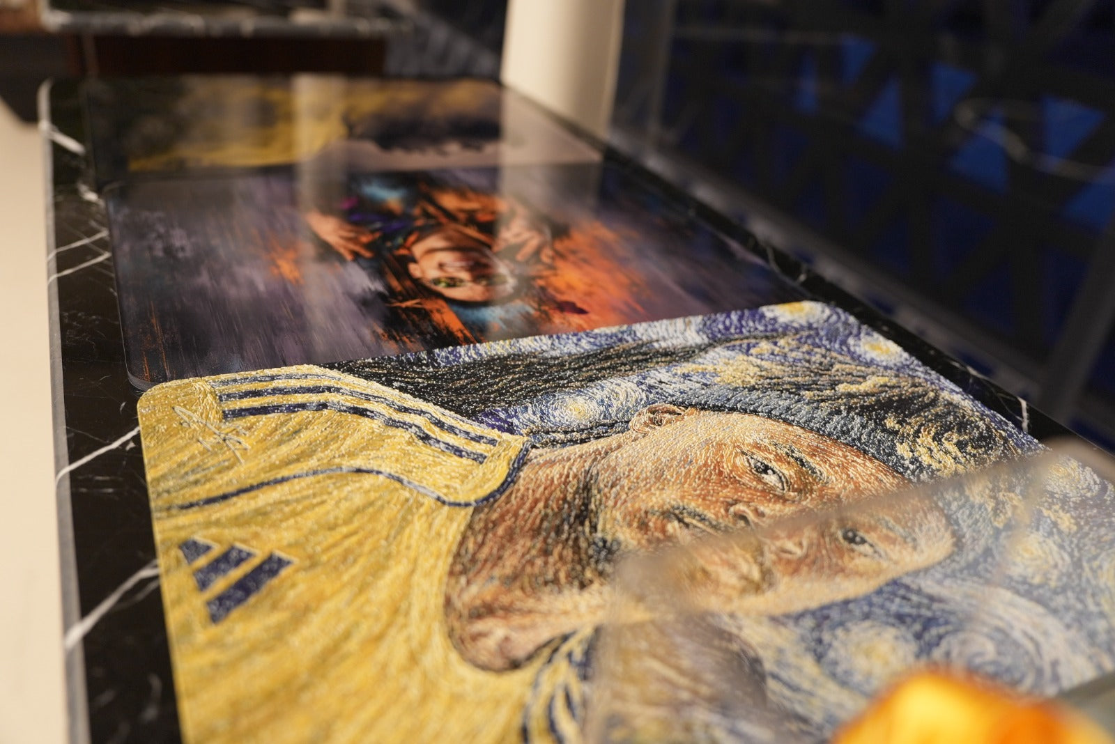 Al Nassr FC Starry Night embroidery panel — detail shot showing intricate threadwork and Van Gogh-inspired swirls