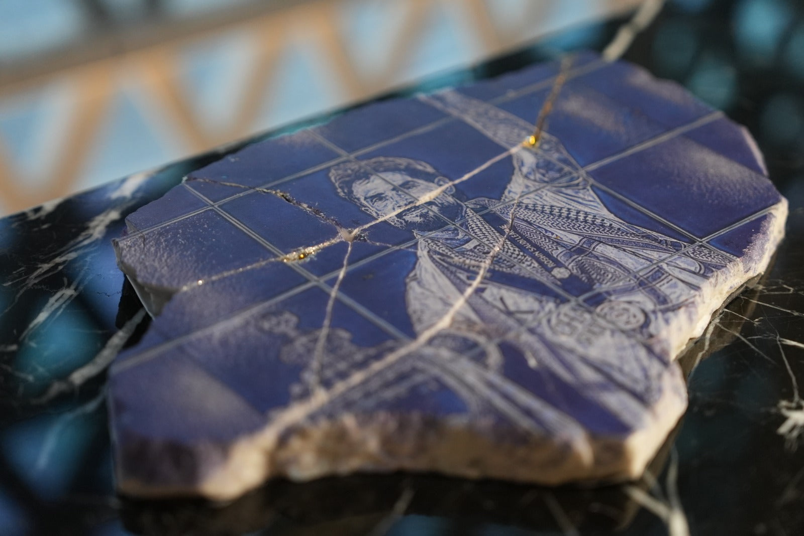 Al Nassr FC stone engraving — angled display shot showing depth and texture of laser-engraved portrait