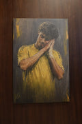 Al Nassr FC oil painting displayed on wooden wall — full canvas view with artist signature
