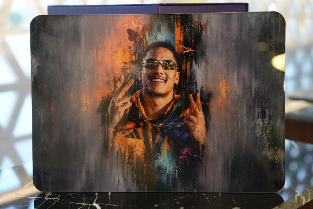Al Nassr FC Victory Smile digital art print on wood panel — front view showing player with double victory signs and fiery background