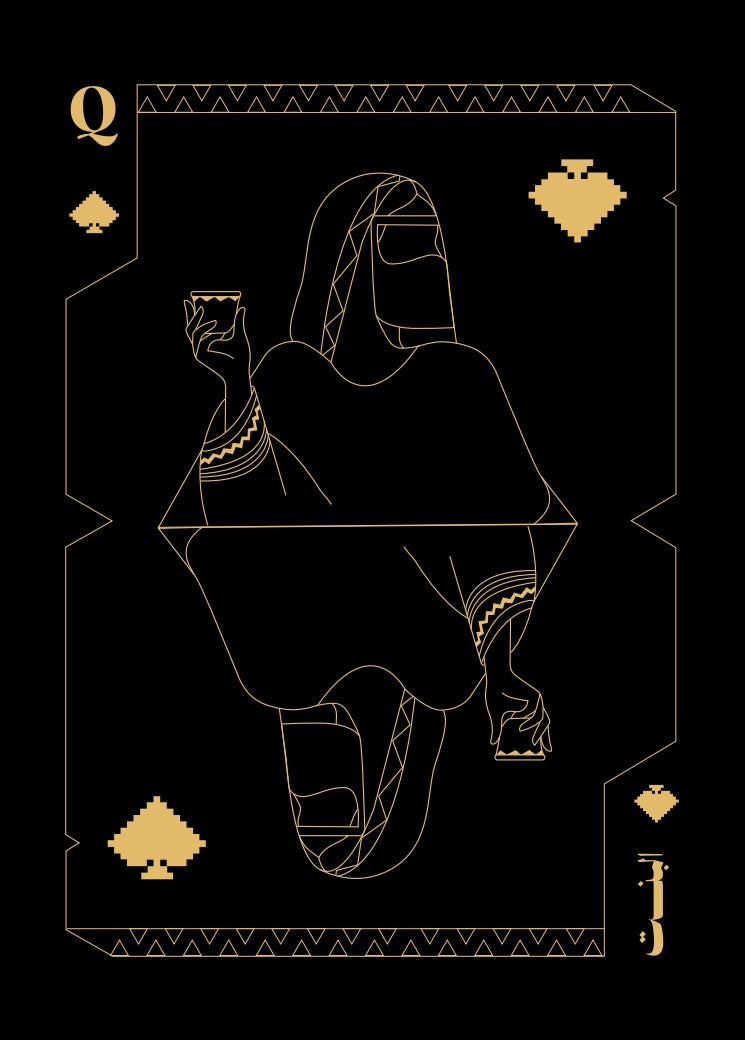 Al Nassr FC Baloot King of Spades — Saudi man in traditional dress with crossed swords, black and gold line art